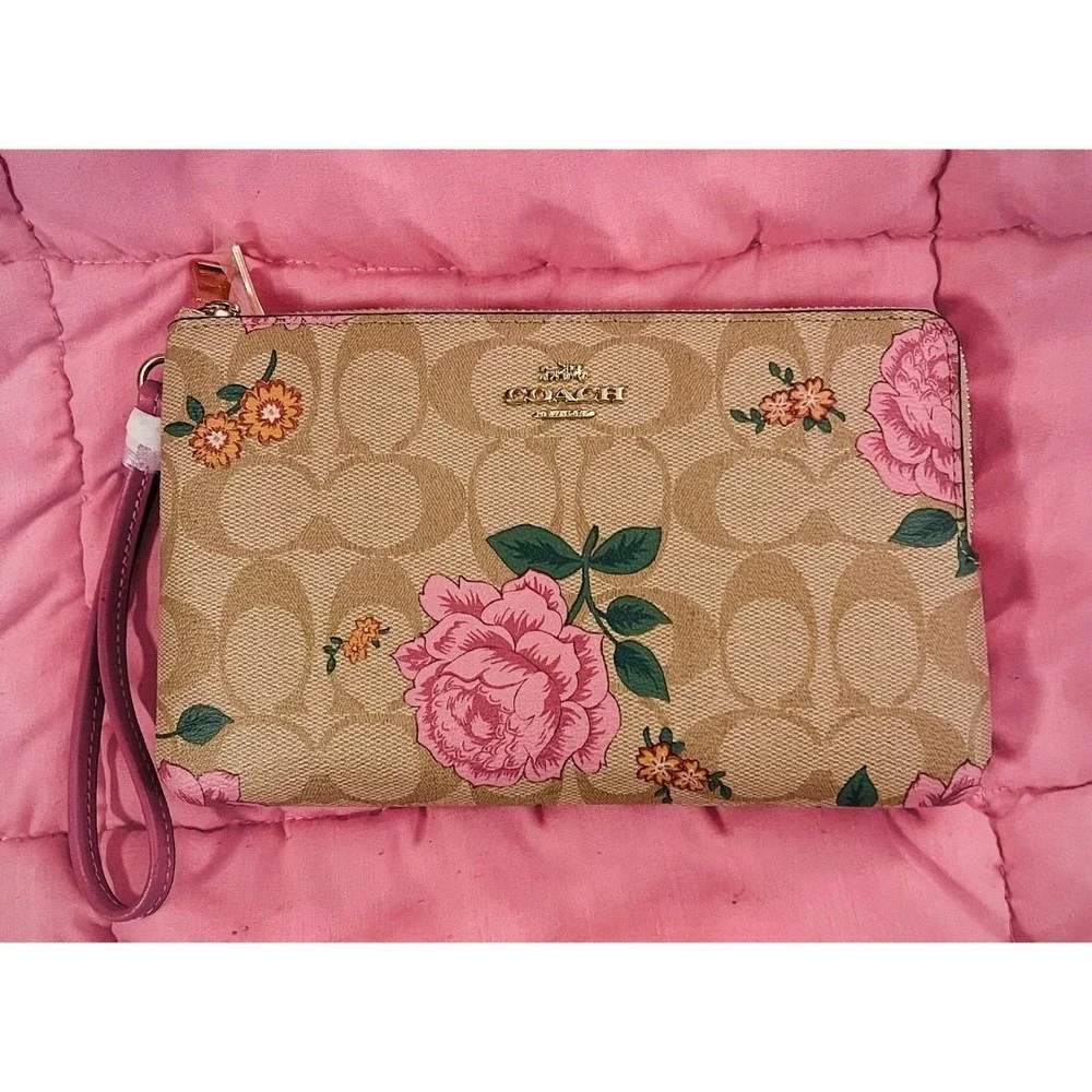 COACH DOUBLE ZIP WALLET IN BOUTIQUE SIGNATURE CANVAS WITH PRAIRIE ROSE PRINT NEW